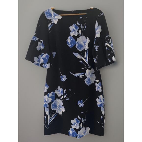 Lauren Ralph Lauren Womens Black Dress Blue Floral Bell Sleeves Lined Size 8 - Picture 1 of 7
